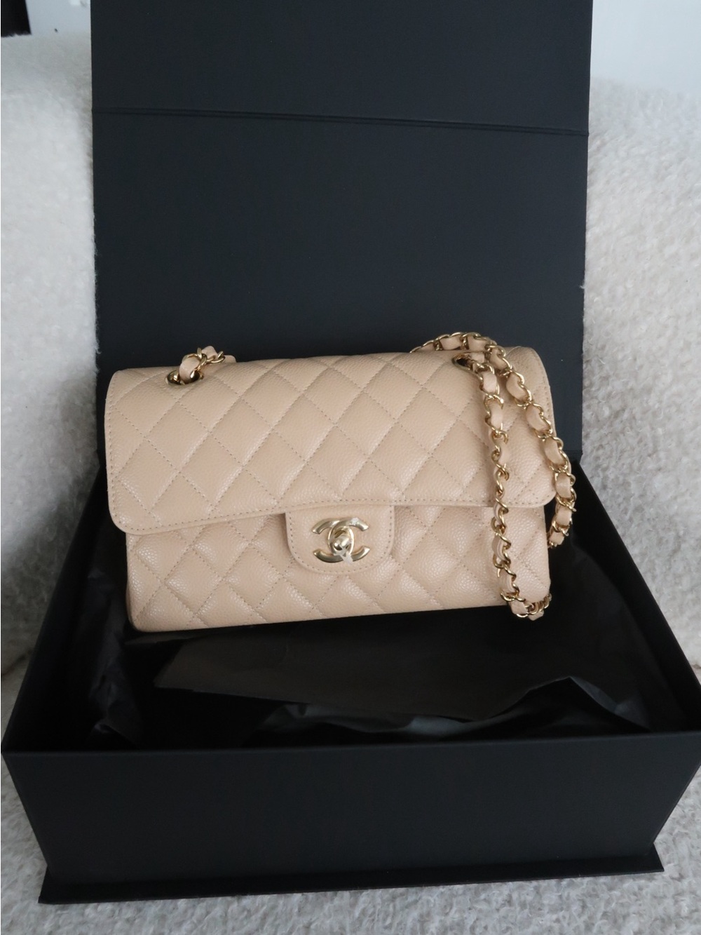 CHANEL Quilted Shoulder Bag in Beige with Gold Hardware